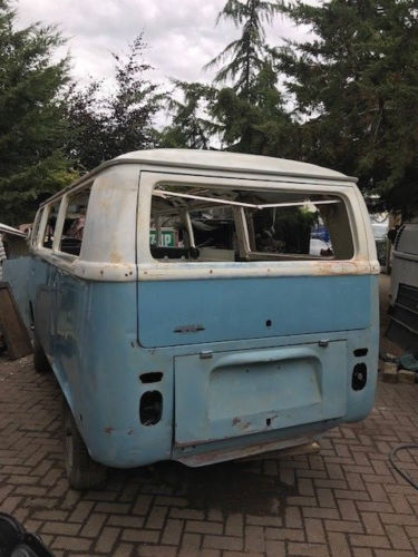 1971 VW Bay Window Camper Bus Deluxe Sunroof Project Niagara Blue and White